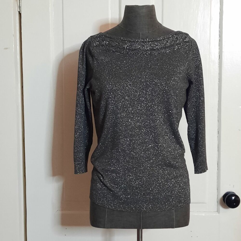 Worthington Metallic Lurex Black Silver Sparkle Knit Top Cable Yoke Detail, MED